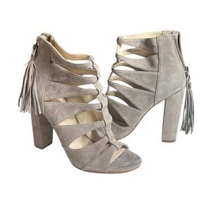 Marc Fisher Taupe Suede Caged Block Heel Sandals Tassel Zip Size 6